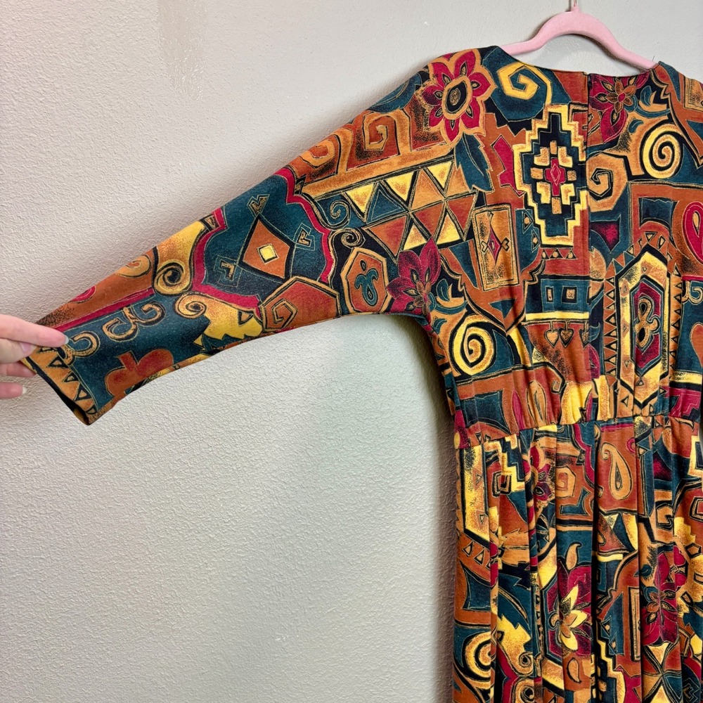 Sabino Vintage 80s Midi Dress Abstract Print Belted Long Sleeve Size 6 Bohemian - Picture 10 of 16